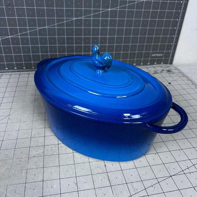 Blue Oval Cast Iron Enamel NEVER USED with ROOSTER HANDLE Pot and Lid
