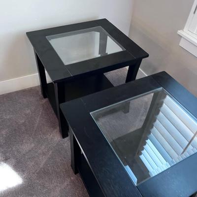 2 Black Lacquer End Tables with Glass 