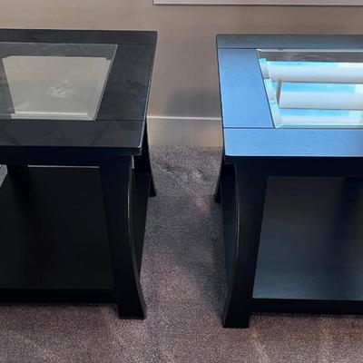 2 Black Lacquer End Tables with Glass 