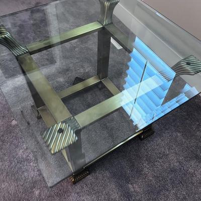 Commercial Beveled Edge Heavy Glass and Brass End Tables PAIR 