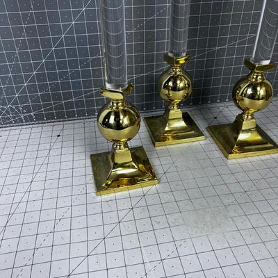 3 Brass and Lucite Candle Sticks 