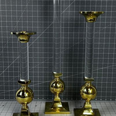 3 Brass and Lucite Candle Sticks 