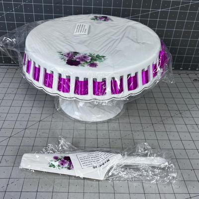Pink Cake Plate and Server, Ceramic 