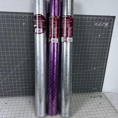 3 EXTRA Large Rolls of NEW 118 feet each X-mas WRAP NEW Silver (2) and (1) Purple 