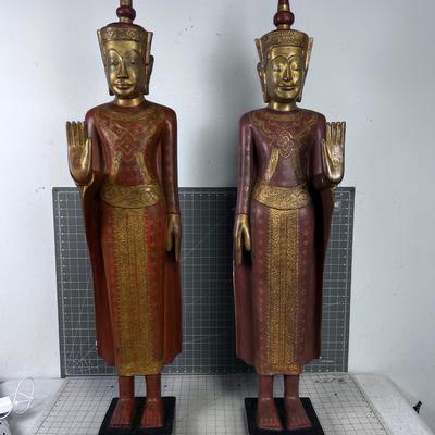 Painted Resin Mirrored pair of THAI or Burmese  Buddha Statues, Reddish Gold