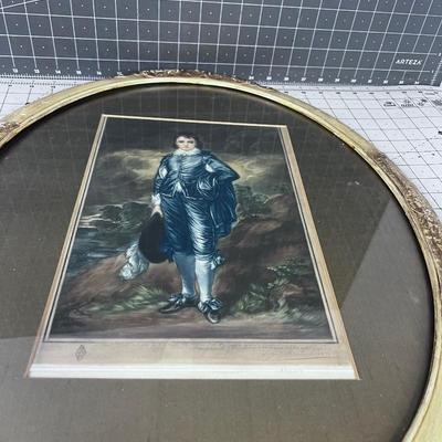 Antique French Lithograph Appears to be signed in Pencil of Blue BOY Oval Framed