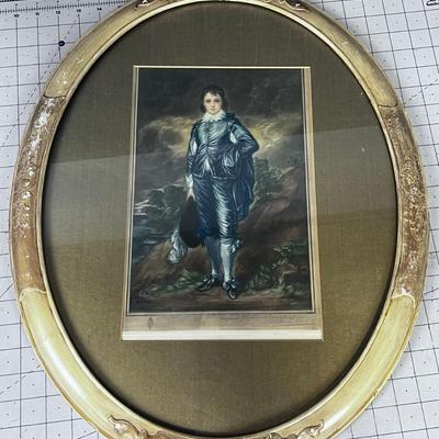 Antique French Lithograph Appears to be signed in Pencil of Blue BOY Oval Framed