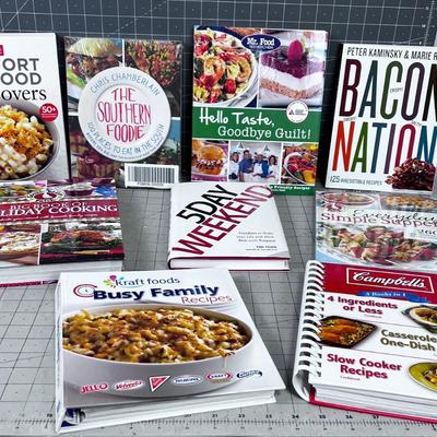 Stack of (10) NICE Comfort Foods Cook Books; Southern, Comfort, Bacon Nation. 