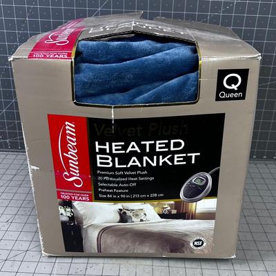 PLUSH Velvet Heated Blanket QUEEN Size, BLUE 