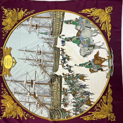 205 Authentic HERMÃˆS Carre 90 Silk Scarf Marine Et Cavalerie by Philippe Ledoux 1967