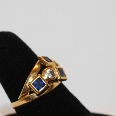 Synthetic Italian Square Blue Stones and Round Cubic Zirconia on Yellow/Gold Band (2.0g) Size: 6