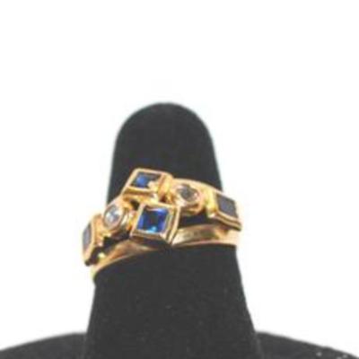 Synthetic Italian Square Blue Stones and Round Cubic Zirconia on Yellow/Gold Band (2.0g) Size: 6