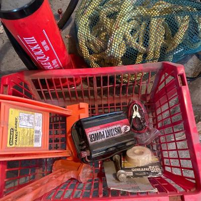 Red bin with items, pump & rope