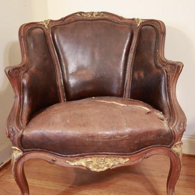Two Antique Project Leather Embossed Chairs (see description)