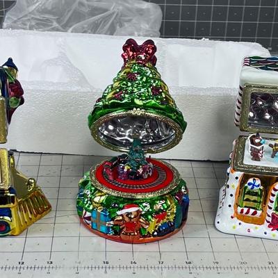 NEW Set of 3 Diorama Music Boxes, Mercury Glass NICE! NEW Train, Cottage and Tree