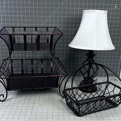 Metal 3 items: Centerpiece Double, Basket, Lamp