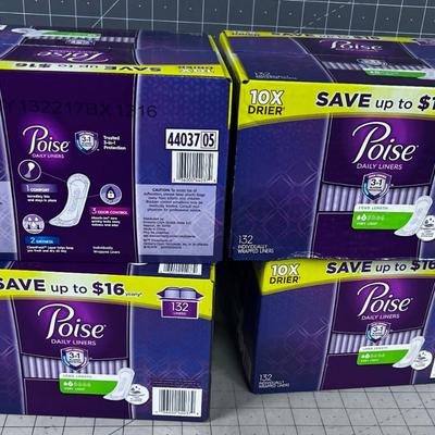 4 Boxes of POISE, 132 Count each box, NEW Sealed