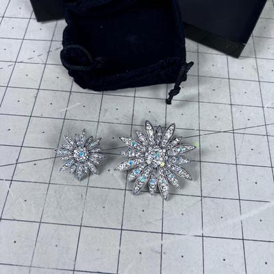 2 Different Sized Silver Toned Crystal Floral Brooch