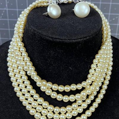Pearly Necklace with Butterfly Clasp Plus Clip on Earrings