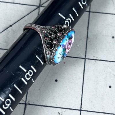 Antique Painted China Stone Ring Set in Copper Maybe??