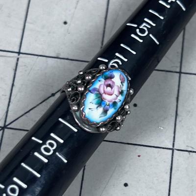 Antique Painted China Stone Ring Set in Copper Maybe??