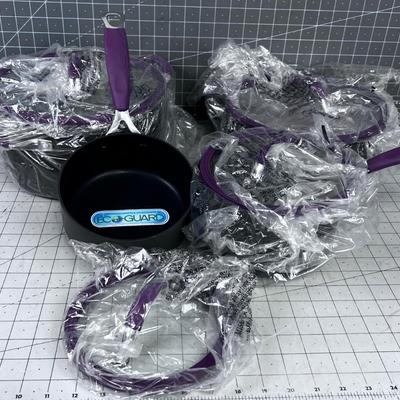 NEW Pot and Pan SET Gray & Purple NEW GORDAN RAMSEY Signature Series (4 Pans plus 4 lids) NEW 