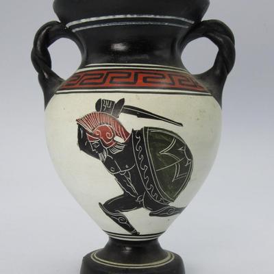 Grecian Ceramic Amophora Vase Urn hand-painted Warrior, signed