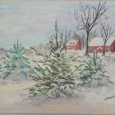 1960's oils original "The Snow Fall" on Board by J. Hammel.