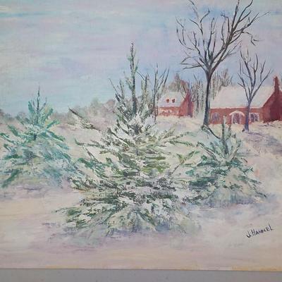 1960's oils original "The Snow Fall" on Board by J. Hammel.