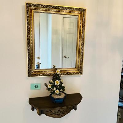 Nice trio; Mirror, wall shelf & glass flowers