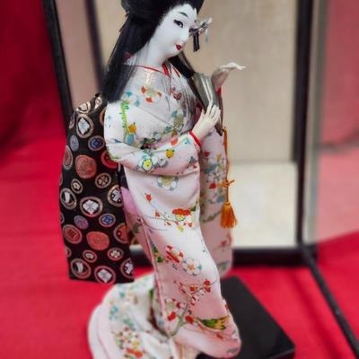 SILK Geisha Doll in Glass Case