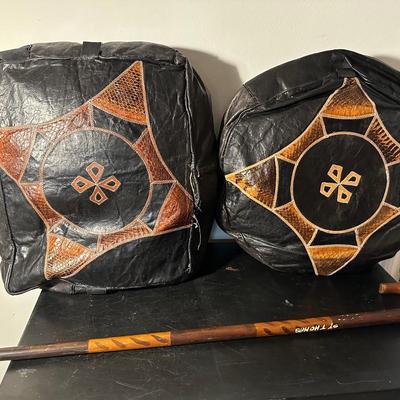 LEATHER POOF/ WALKING CANE LOT