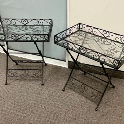 Pair of Linden House Southern Living at Home SLAH Wrought Iron and Glass Folding Patio Tray Tables