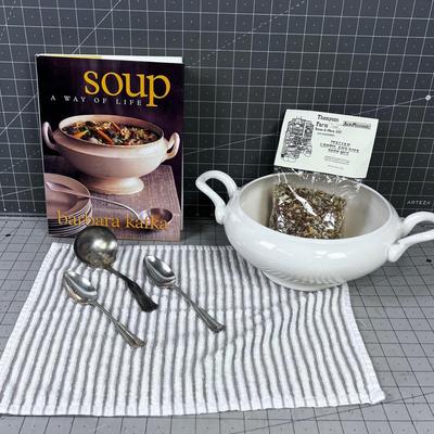 SOUPS ON! Book, Tureen (Maybe Planter) Silver Plated Serving Spoon ETC.