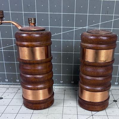 Vintage 1950's Salt And Pepper Mill, Copper & Walnut 