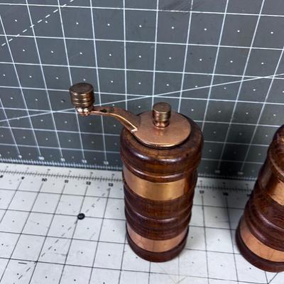 Vintage 1950's Salt And Pepper Mill, Copper & Walnut 