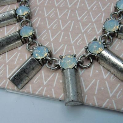 Vivi NWT Geometric Statement Necklace, Chunky Silver Spike Jewelry with Rhinestone Charms, chunky bib necklace