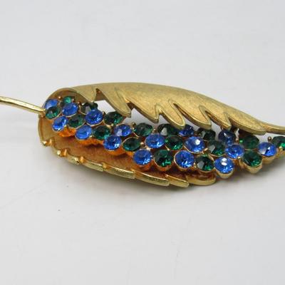 Corocraft Goldtone, Blue & Green Rhinestone Leaf Shaped Brooch/Pin