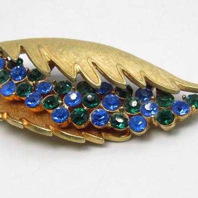 Corocraft Goldtone, Blue & Green Rhinestone Leaf Shaped Brooch/Pin