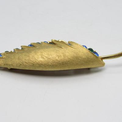 Corocraft Goldtone, Blue & Green Rhinestone Leaf Shaped Brooch/Pin