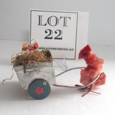Vintage Easter Chenille Rooster Pulling Tiny Cardboard Cart