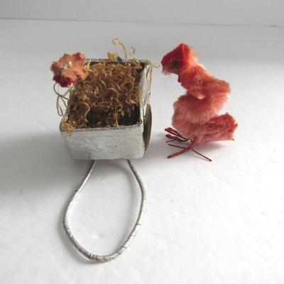 Vintage Easter Chenille Rooster Pulling Tiny Cardboard Cart