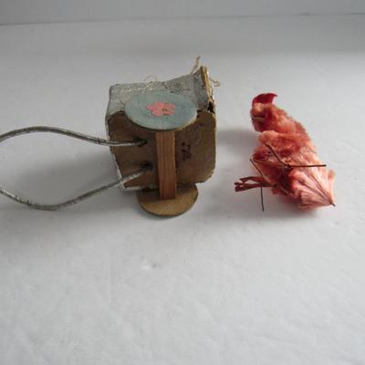 Vintage Easter Chenille Rooster Pulling Tiny Cardboard Cart
