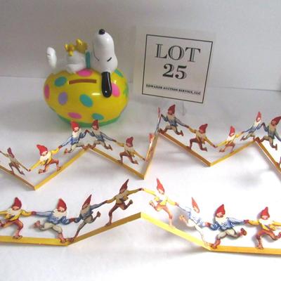 Older Whittman's Candy Snoopy Easter Egg Bank and Swedish Paper Garland Gnomes