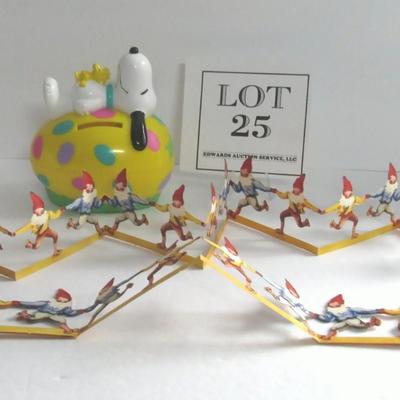 Older Whittman's Candy Snoopy Easter Egg Bank and Swedish Paper Garland Gnomes