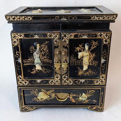 1950s Vintage Chinese Black Lacquer Jewelry Armoire Chest