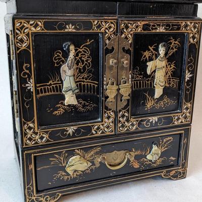 1950s Vintage Chinese Black Lacquer Jewelry Armoire Chest