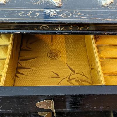 1950s Vintage Chinese Black Lacquer Jewelry Armoire Chest