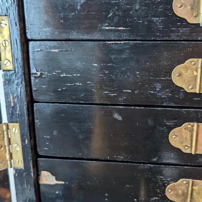 1950s Vintage Chinese Black Lacquer Jewelry Armoire Chest