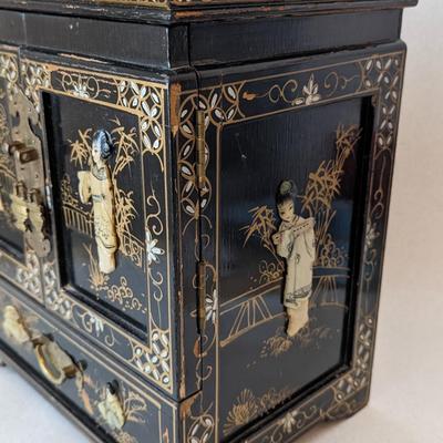 1950s Vintage Chinese Black Lacquer Jewelry Armoire Chest